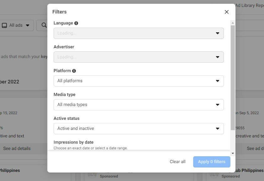 Meta Ads Library - filters