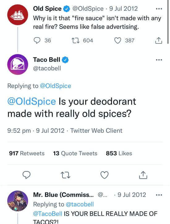 Social Listening - TacoBell and Old Spice talking on Twitter