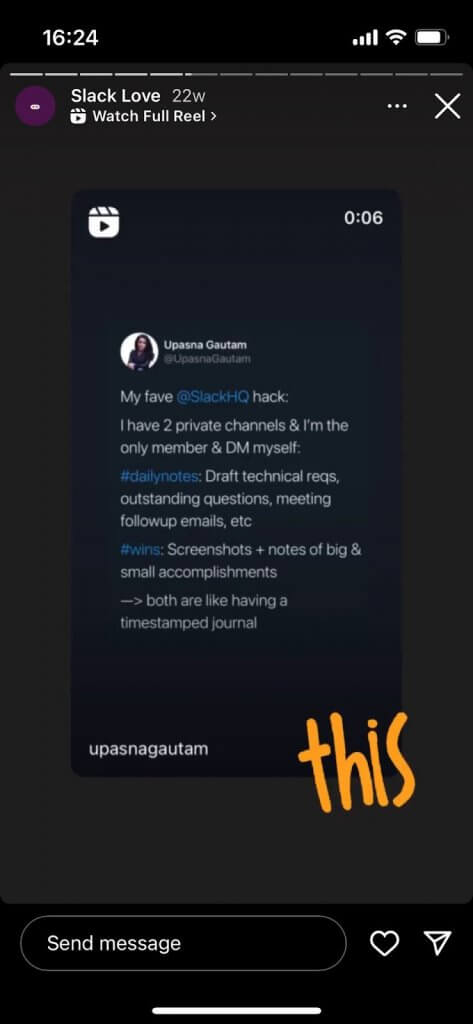 Brand Monitoring - Slack resharing customer praise in their Instagram story