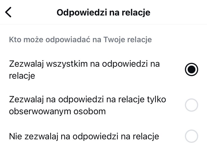 Ustawienia odpowiedzi na relacje na Instagramie.
