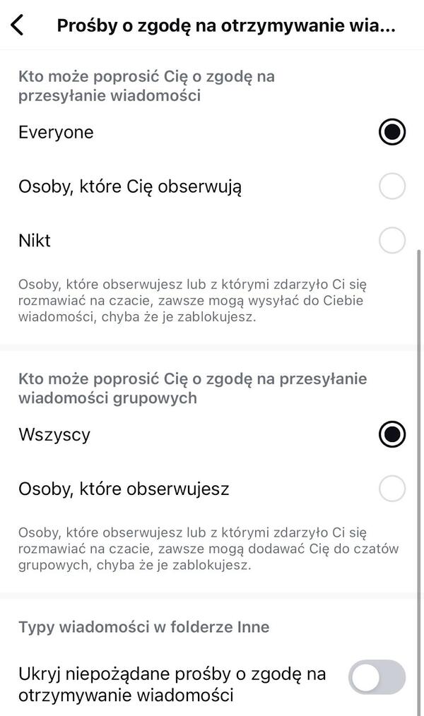 Prośby o zgodę na otrzymywanie wiadomości na Instagramie.