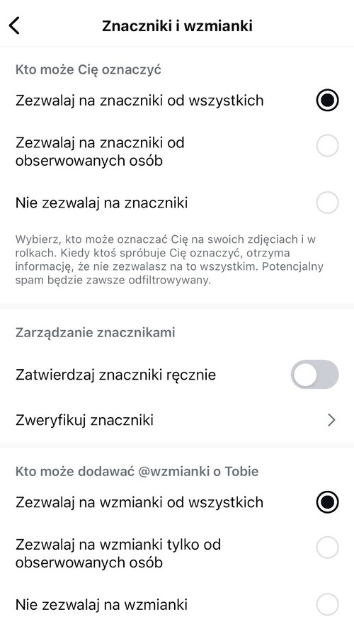 Ustawienia znaczników i wzmianek na Instagramie