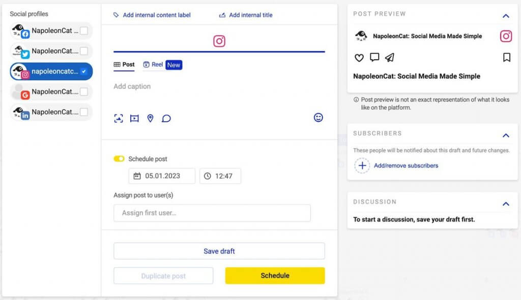 Schedule Instagram Posts - creating an ig post in NapoleonCat