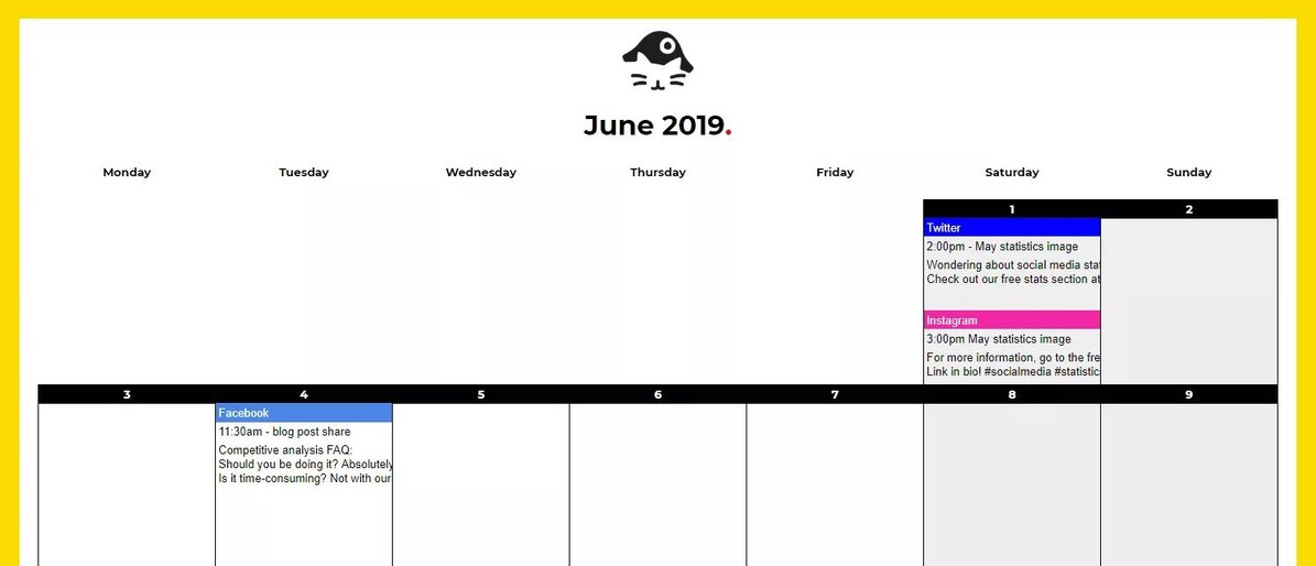 social media content calendar - june 2019