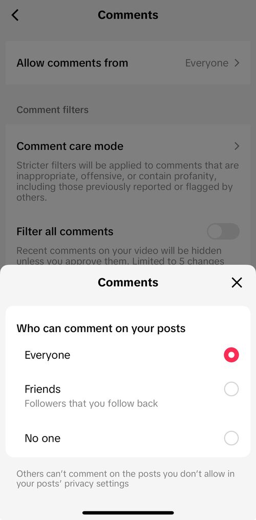 How to limit comments on TikTok - who can comment settings