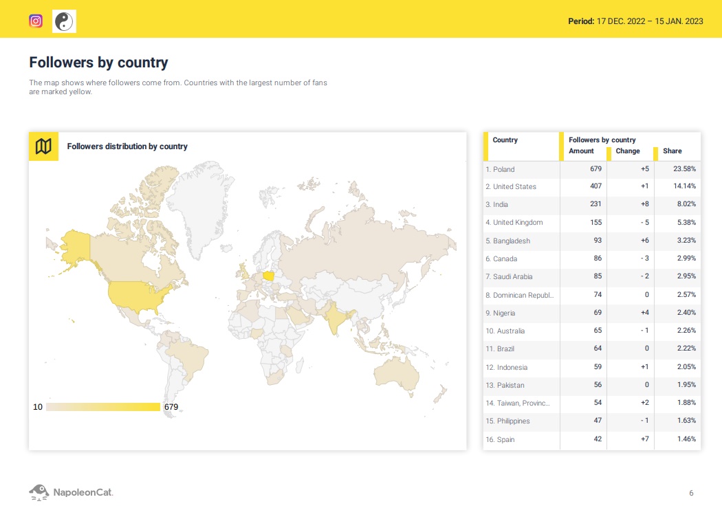 A sample page from NapoleonCat social media report showcasing followers by country