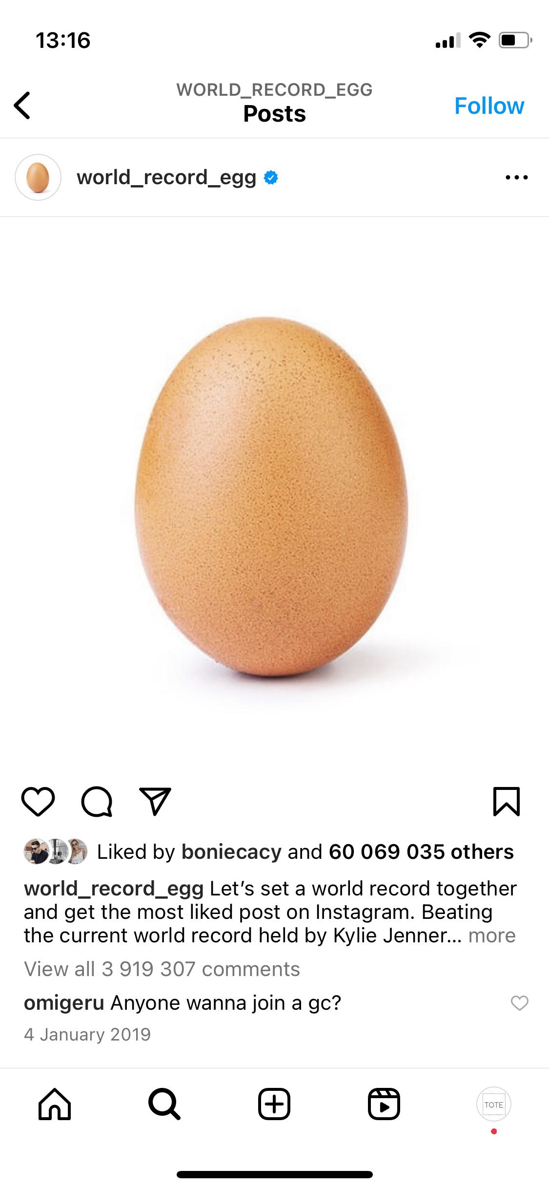 Instagram static post featuring a picture of an egg