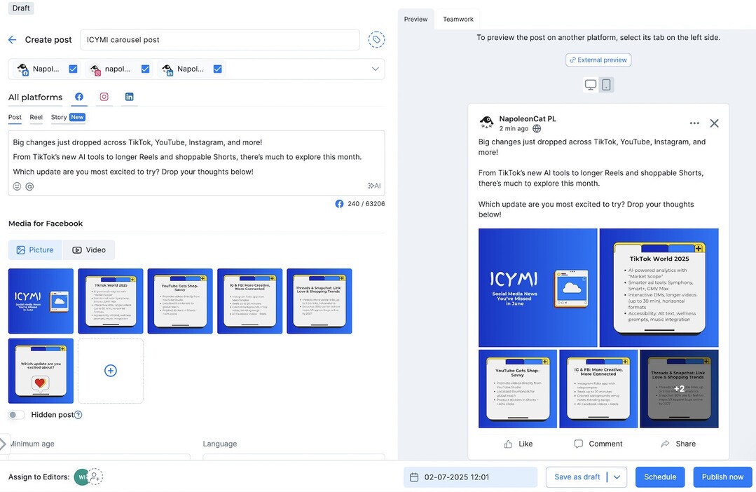 NapoleonCat's social media scheduler