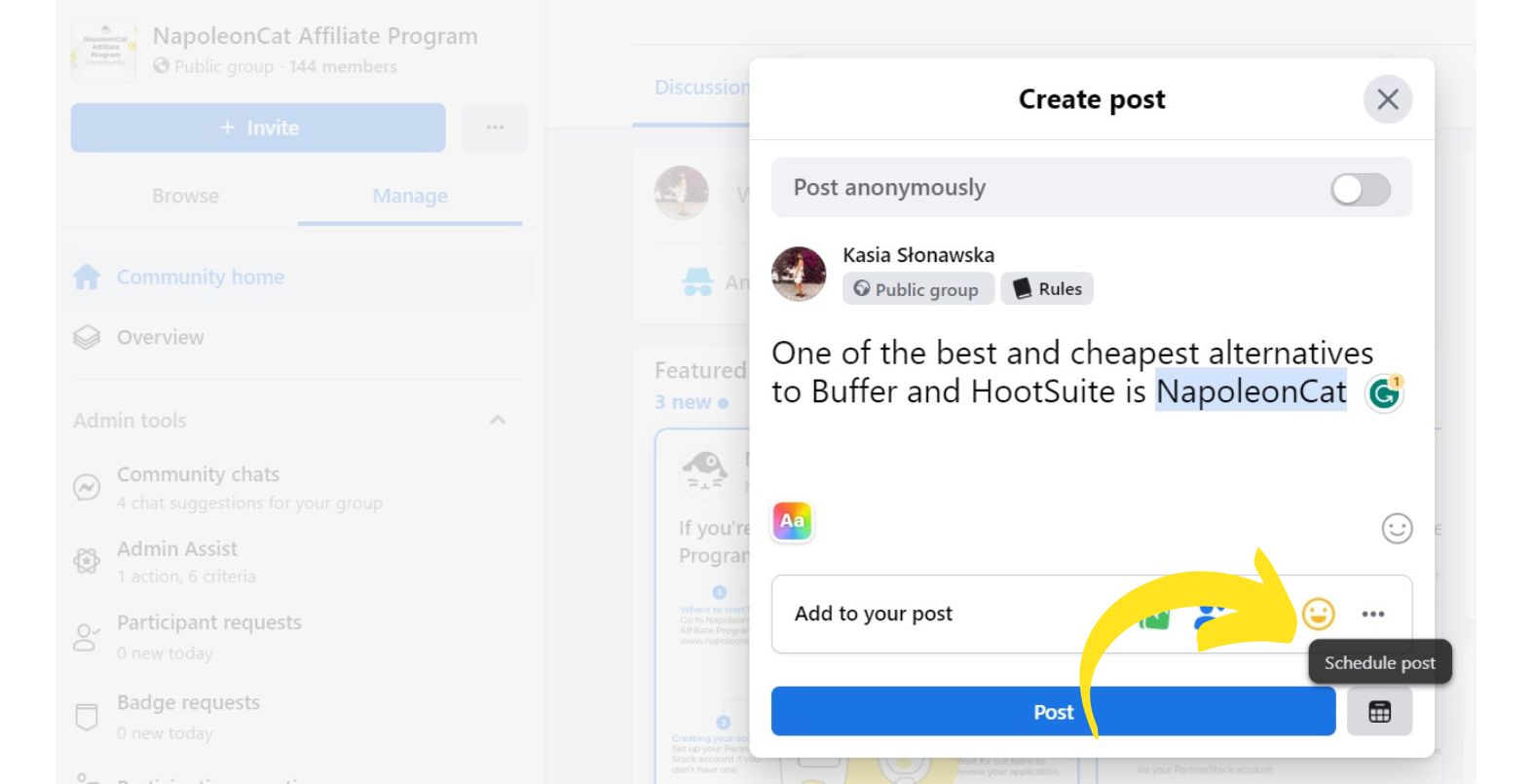 A screenshot from Facebook showcasing how to schedule posts on Facebook Groups