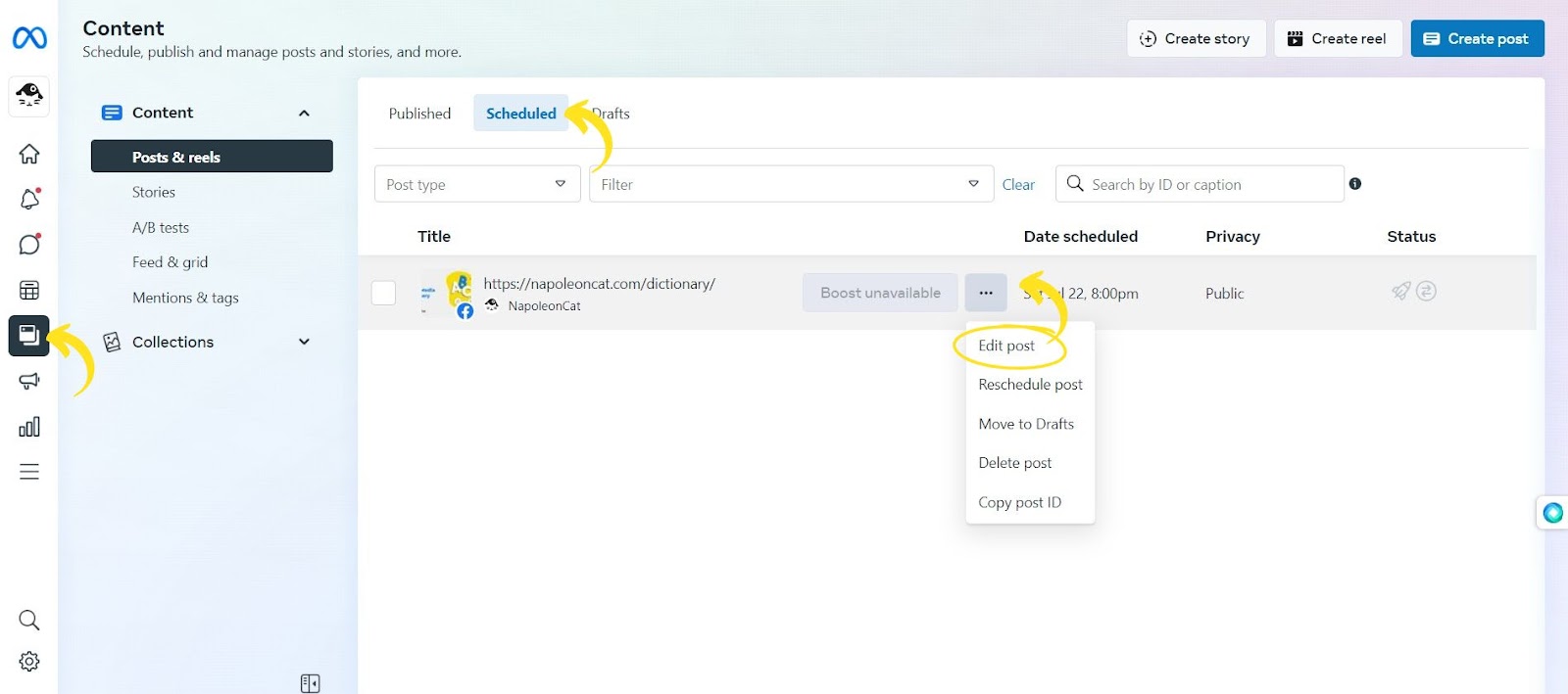 A visual instruction on how to edit scheduled posts in Meta Business Suite