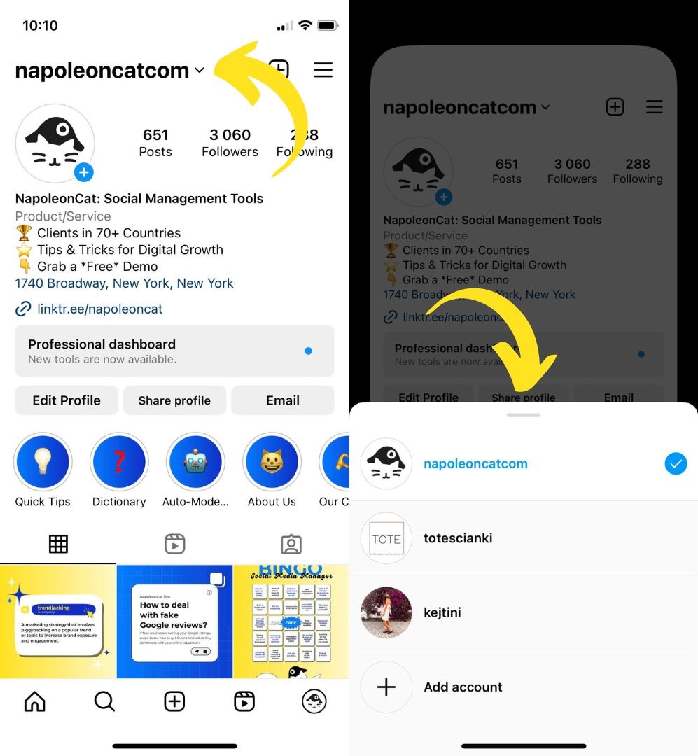 screenshots from Instagram showcasing how to switch between accounts