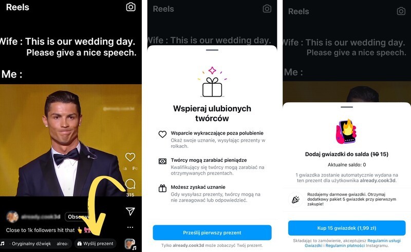 Jak zarabiać na Instagramie - Podgląd prezentów na Instagramie w aplikacji