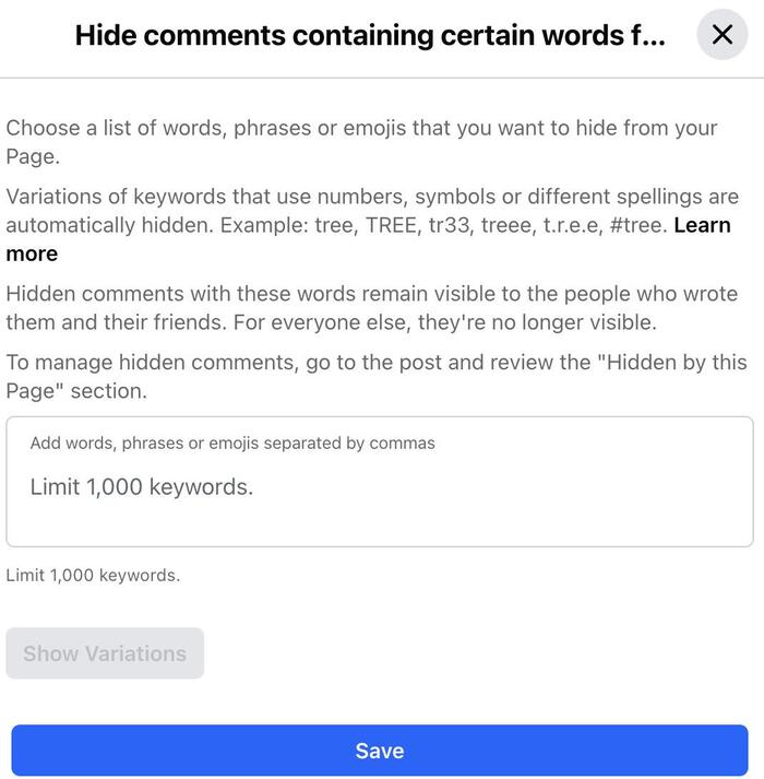 How to Turn off Comments on a Facebook Page - hiding comments with certain words