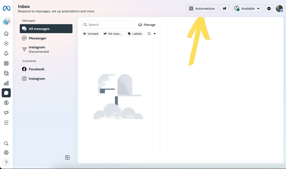 Facebook automated responses - accessing automations tab in Meta Business Suite