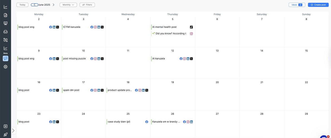 Social media publication schedule overview in Publisher