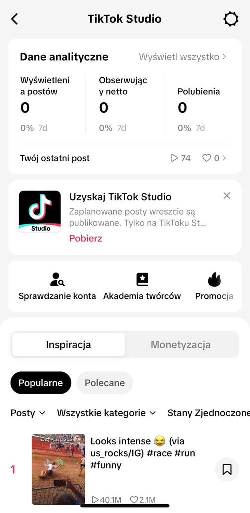Główny panel nawigacyjny w TikTok Studio.