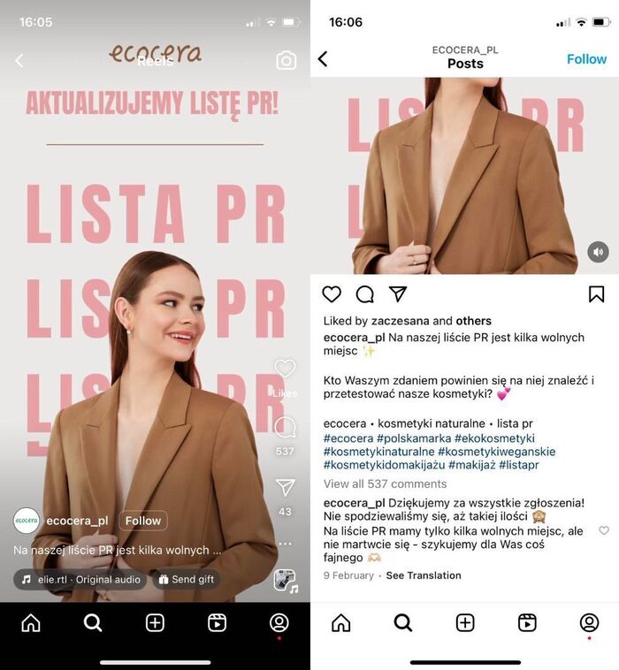 Post na Instagramie marki Ecocera z prośbą o polecenia twórców, którzy powinni przetestować kosmtyki tej marki.