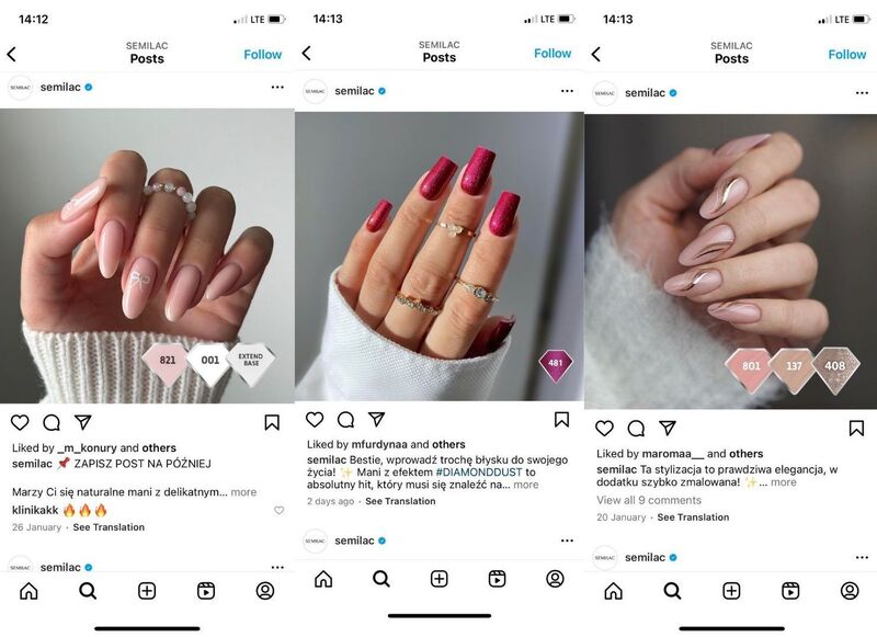 Post na Instagramie marki Semilac przedstawiający różne stylizacje paznokci