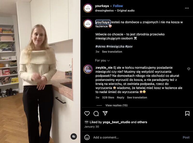 Post na Instagramie marki Your KAYA przedstawiający zakłopotaną dziewczynę, która wyrzuca zawiniątko do kosza w kuchni