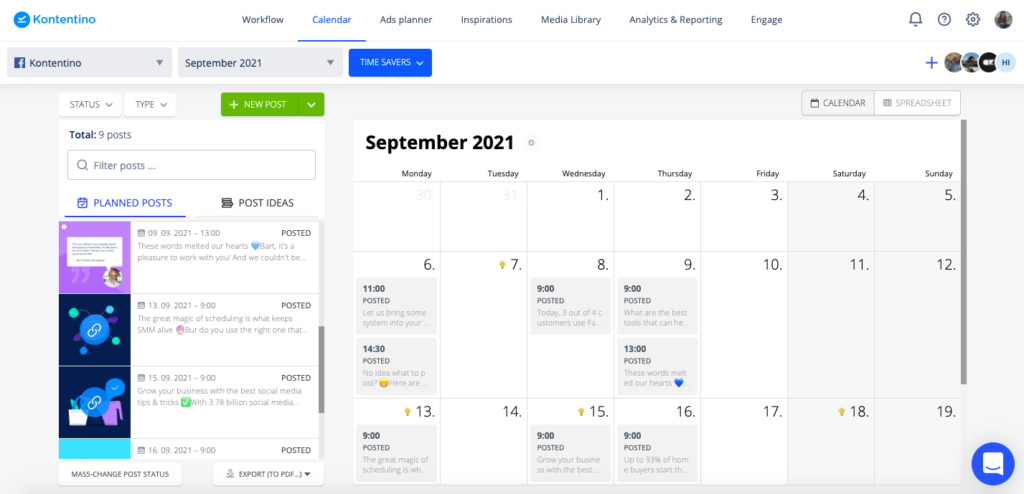 Kontentino's content calendar with several posts scheduled for September 2021.