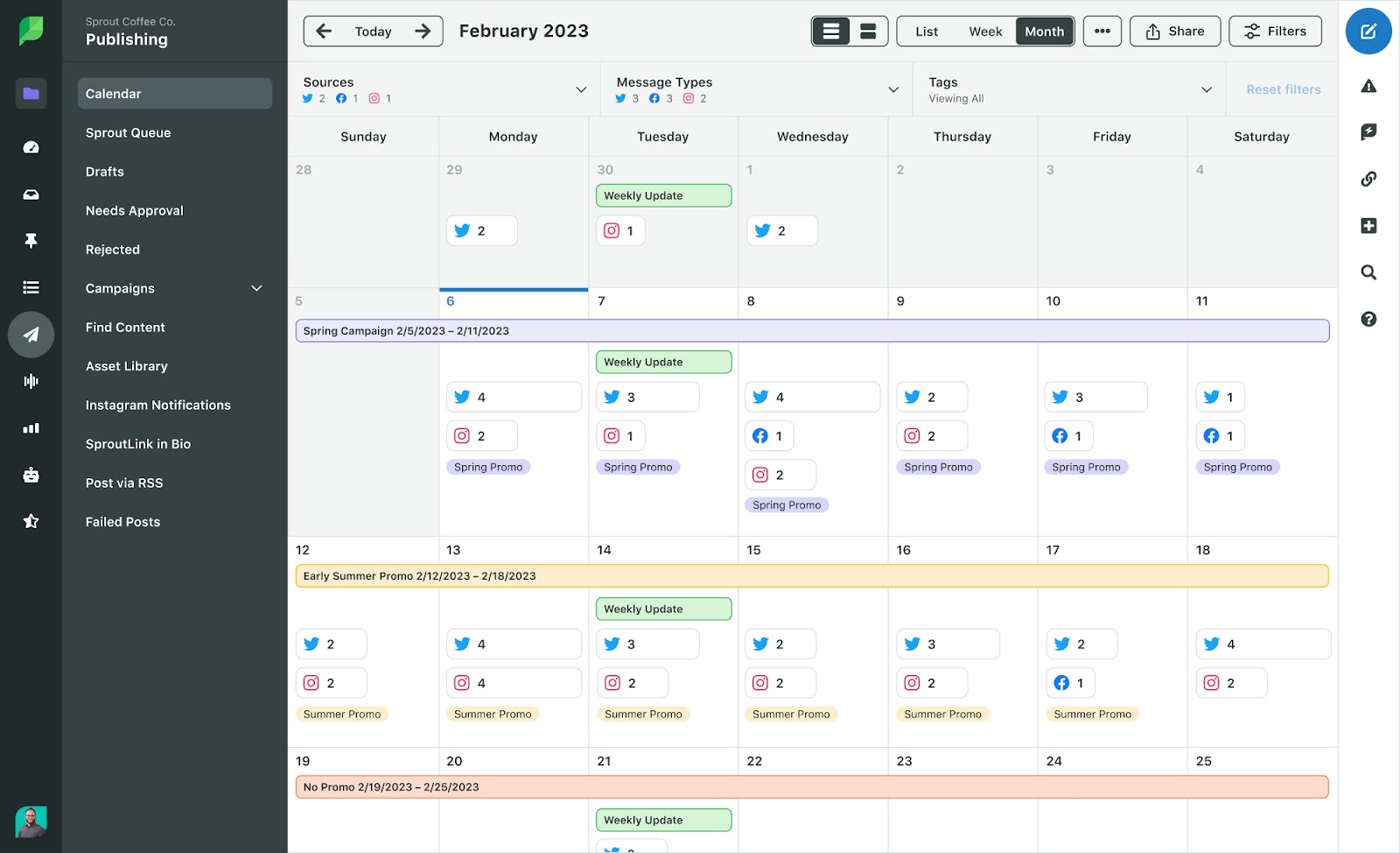Sprout Social's content calendar with different posts scheduled for Twitter, Facebook, and Instagram.