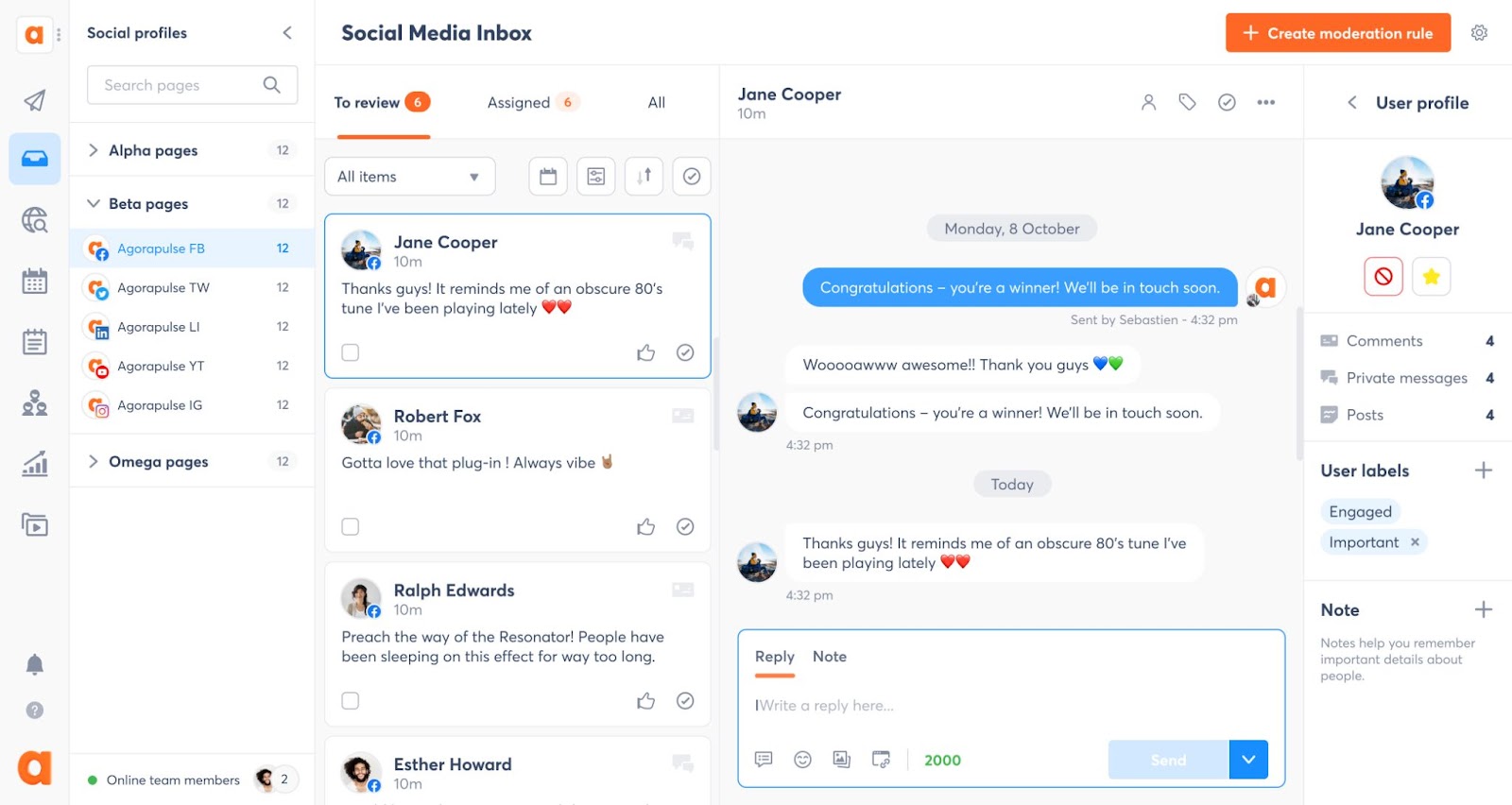 Agorapulse's social media inbox; there's a conversation thread displayed in the middle, and a CRM profile on the right. 