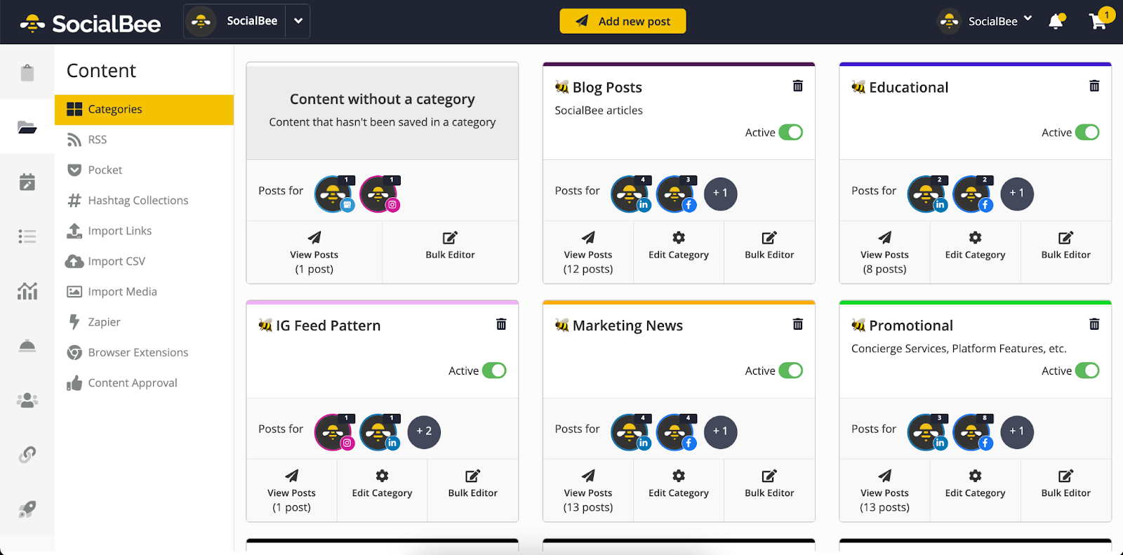 A screenshot from SocialBee's social media management tool; tab "Content categories"
