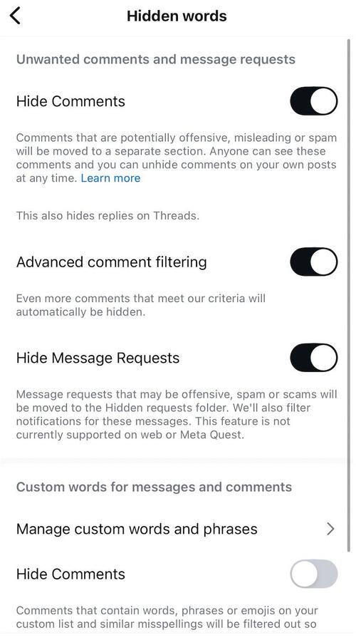 How to Turn Off Comments on Instagram - Adjusting hidden words on Instagram