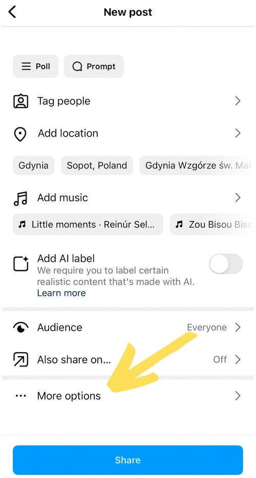 How to Turn Off Comments on Instagram - more options tab in publishing settings