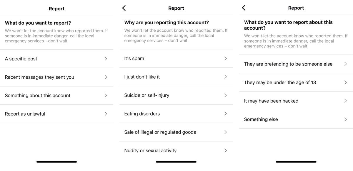 Reporting a fake account on Instagram