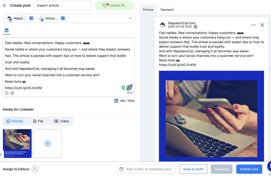 Scheduling a LinkedIn post to a business page & personal account simultaneously