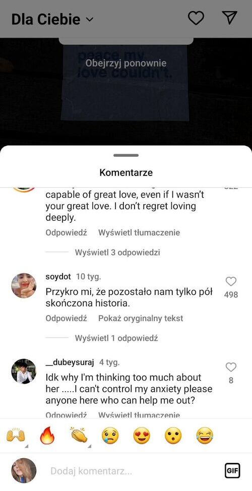 komentarze na Instagramie - przetłumaczony komentarz