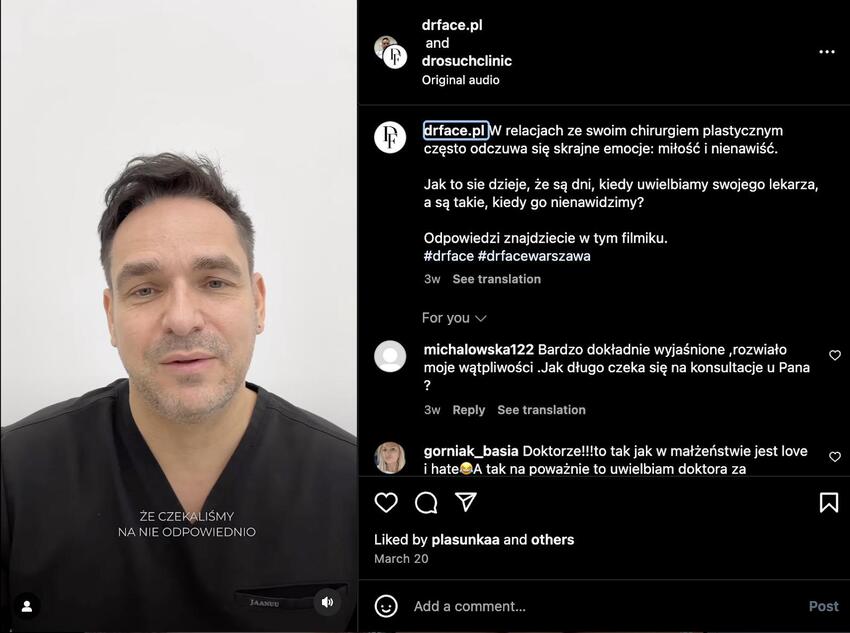 social media dla medycyny estetycznej - post na instagramie dr Piotra Osucha 