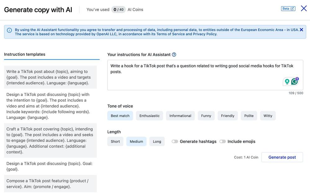 Social Media Hooks - generating copy in assistant in NapoleonCat Publisher