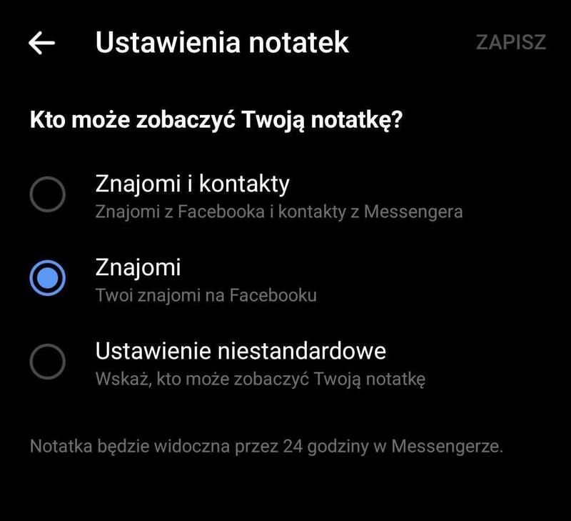 Notatki w Messengerze - ustawienia notatek