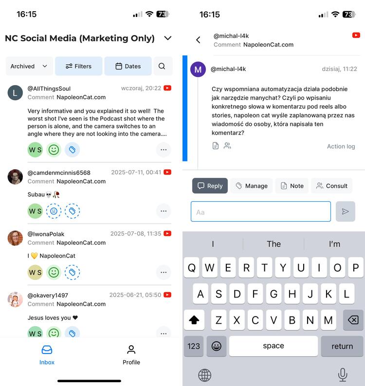 Mobile version of the Social Inbox