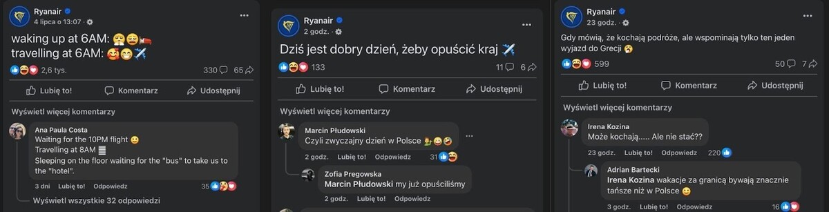 Statusy RyanAir na Facebooku