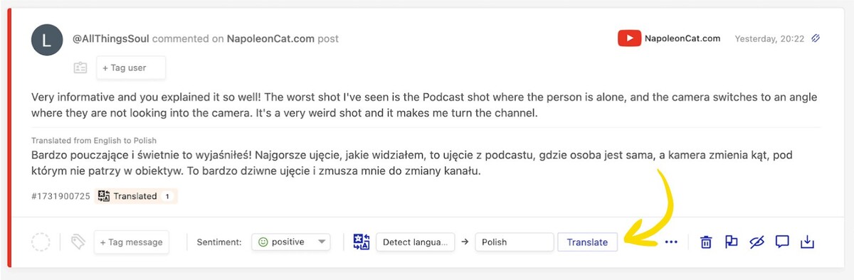 YouTube comment translations in the Social Inbox