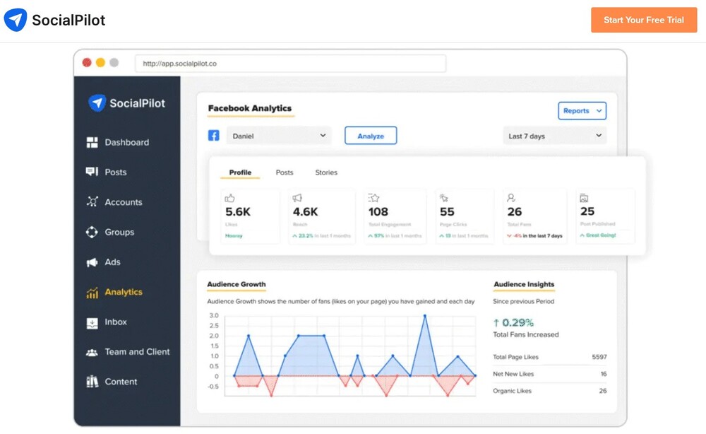 Dashboard de SocialPilot, herramienta para gestionar redes sociales, presentando información clave y opciones de administración.