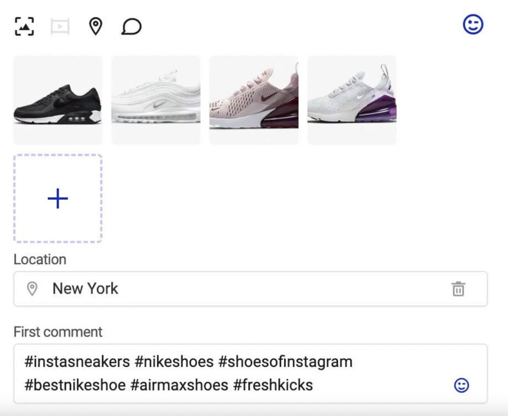 Opciones de programación de contenidos de NapoleonCat. Incluye multiples fotos de zapatos y una opción de programar el primer comentario y añadir una ubicación.