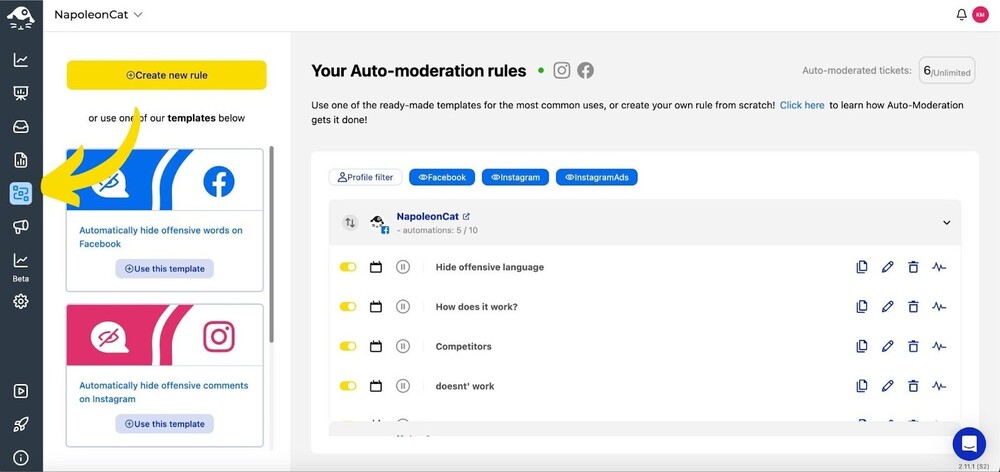 Una captura de pantalla de una herramienta social media NapoleonCat. La flecha indica dónde se encuentra la función de Auto-moderación.