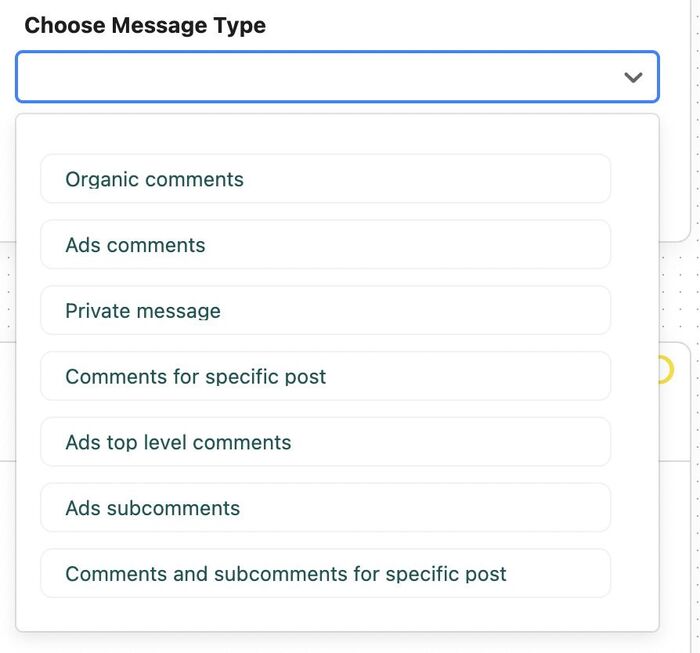 Facebook Ad Comments Automation Tool - choosing message type for Auto-moderation