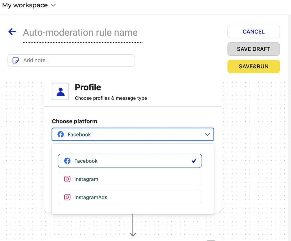 Facebook Ad Comments Automation Tool - selecting Facebook profile in Auto-moderation