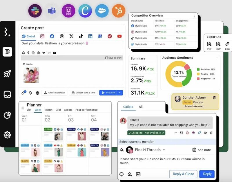 Una ilustración que representa funciones diferentes de Statusbrew: planificación de contenidos, manejo de comentarios y estadísticas.