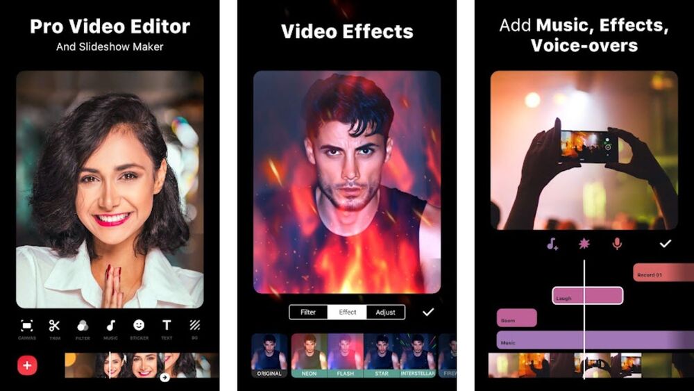 Tres capturas de pantalla de la aplicación InShot. Se puede ver el editor de video, efectos de muestra y como se añade música y la locución.