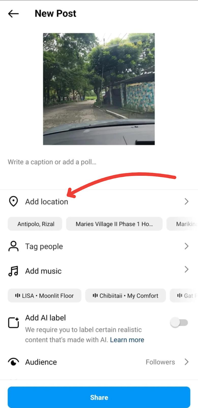 Instagram Location Ideas - adding location to a post on Instagram