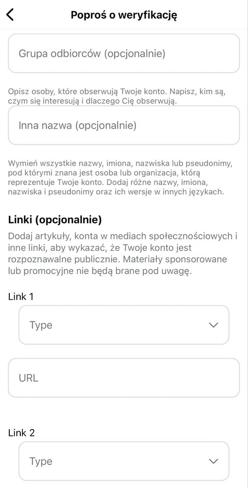 Jak zweryfikować konto na Instagramie - opcjonalne pozycje w formularzu