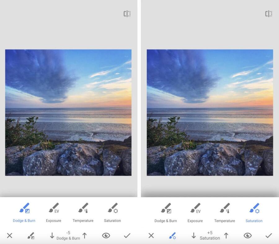 Dos capturas de pantalla de Snapseed con la misma foto editada en dos maneras diferentes usando las opciones de "dodge & burn" y "staruration".