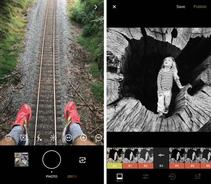 Dos capturas de pantalla de la aplicacion VSCO. Se puede ver dos fotos de muestra editados con VSCO: una de las piernas de un hombre sobre el fondo de las vías del tren y una de una niña dentro del tronco de un árbol muy grande.