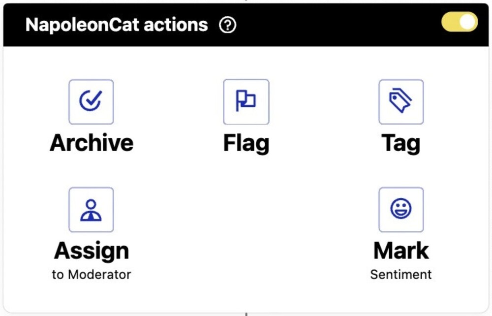 Acciones dentro de NapoleonCat: archivar, marcar, etiquetar, asignar a moderador y marcar sentimiento.